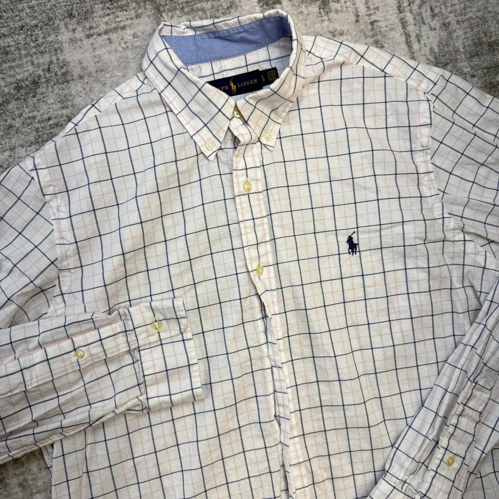 Polo Ralph Lauren Shirt Men Large White Windowpane Plaid Lightweight Cotton Pony